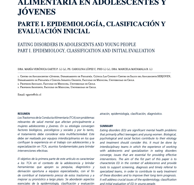 Trastornos de la Conducta Alimentaria en Adolescentes y Jóvenes. Parte I. Epidemiología, Clasificación y Evaluación Inicial