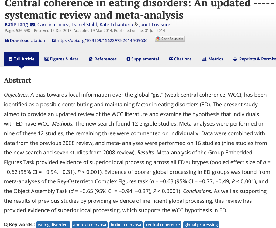 Central coherence in eating disorders: An updated systematic review and meta-analysis