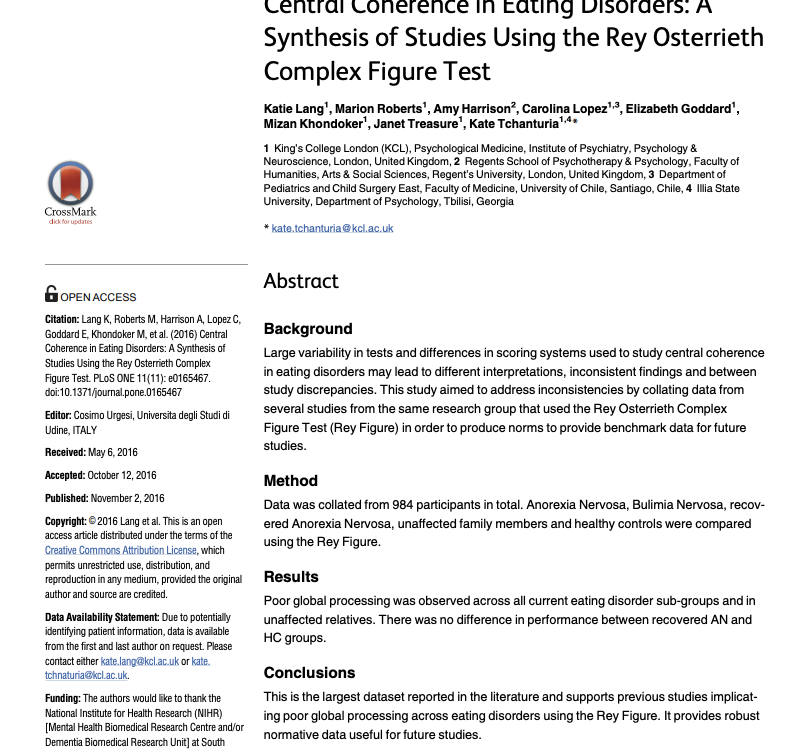 Central coherence in eating disorders: A synthesis of studies using the Rey Osterrieth Complex Figure Test